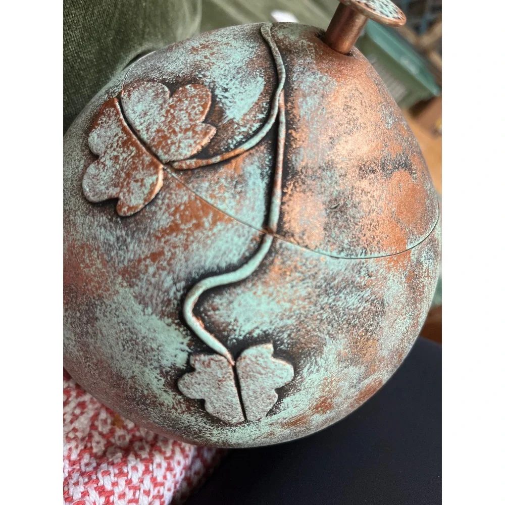 Folk‎ Art Lidded Gourd Vessel verdigris-like painted finish leaf embellishments